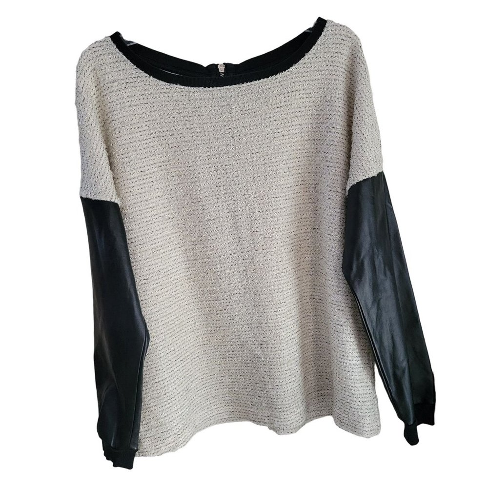 Kut from the Kloth L Faux Leather Sleeve Trim Back Zip Chenille Knit Sweater